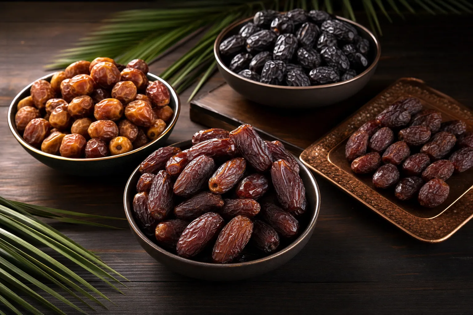 Aneka kurma premium Kurma Barari tersaji mewah dalam mangkuk dengan latar gelap elegan