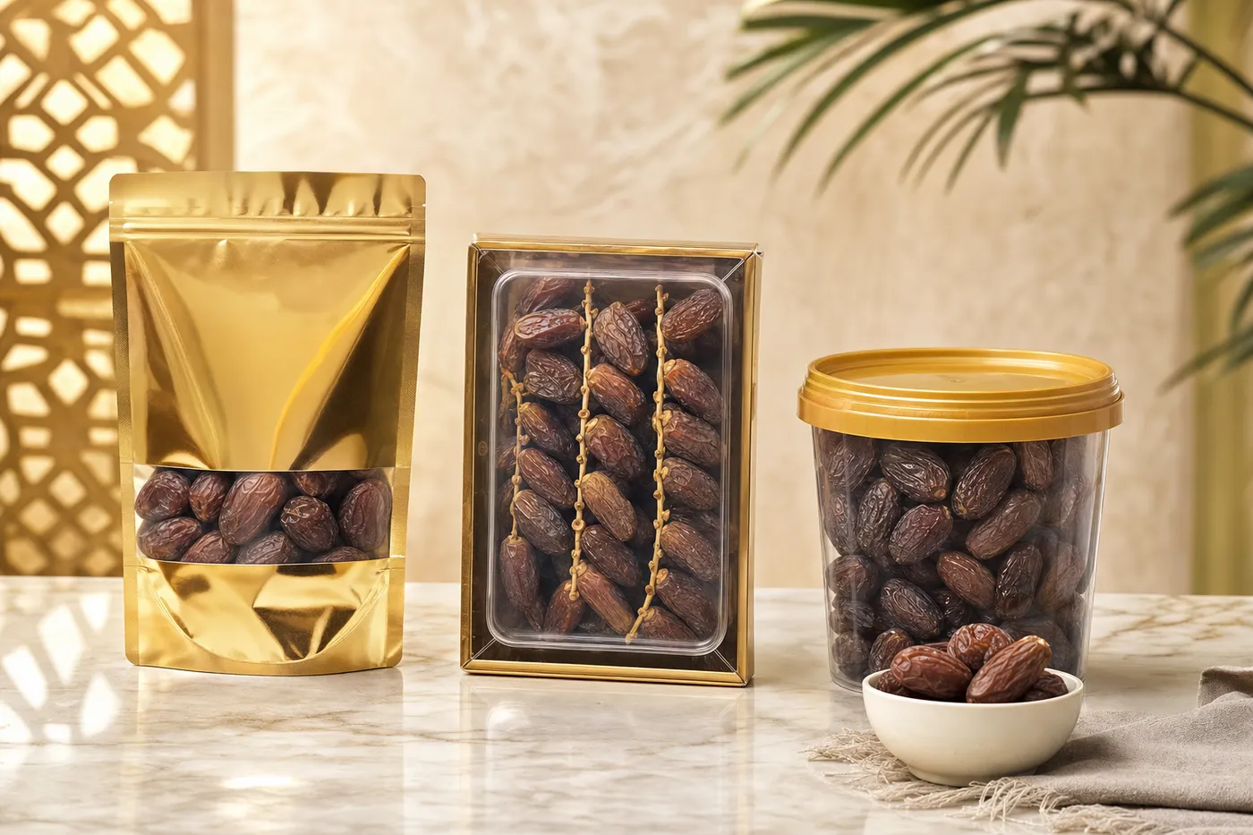 Pilihan kemasan premium kurma Kurma Barari: bungkus zip 250 g, kotak plastik 500 g, dan ember plastik 800 g