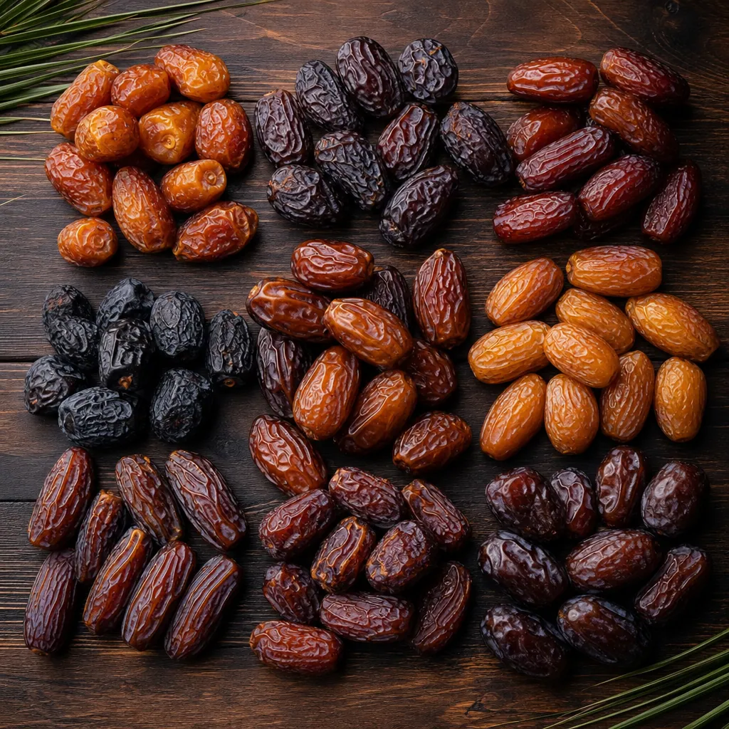 Flat lay aneka varietas kurma premium Kurma Barari dari berbagai negara tersaji rapi