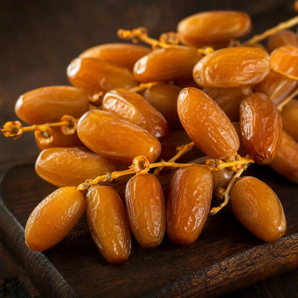 Close up kurma Deglet Nour kering elegan bertangkai asal Tunisia dari Kurma Barari